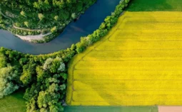 An overhead shot of fields and a river