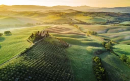 A long-shot of fields on a hillside, with the sun setting